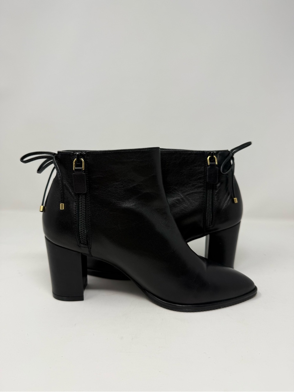 Stuart Weitzman Black Leather Ankle Booties with Back Tie Detail